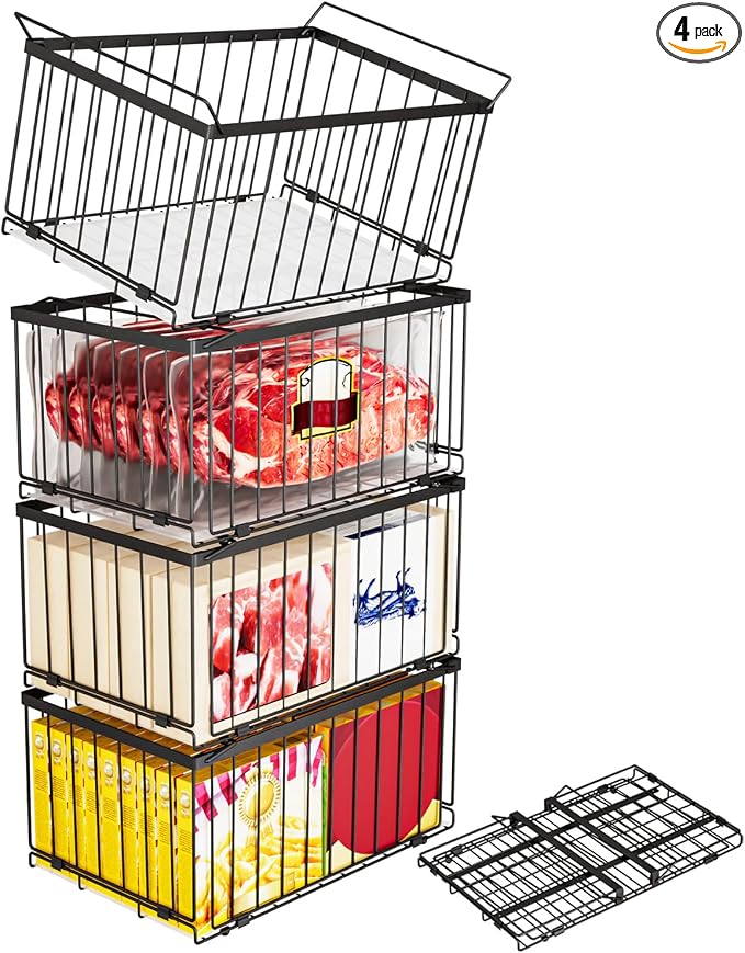 Large Freezer Organizer Bins for 5 to 9 Cu.Ft,Quick Expand/Collapse,4PACK | Freezer Organizer Bins, Stackable,foldable,With handle Wire Storage Container Baskets for Sort Frozen Meats,Leak-Proof Liner by ANJUBAN