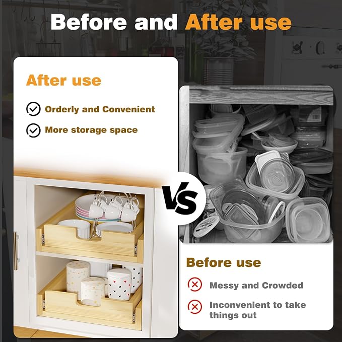 Pull Out Cabinet Organizer, 11''W×21''D Sliding Drawers for Cabinets, Soft Close Slide Out Wooden Pull out Drawers, Base Cabinet Organization for Kitchen, Pantry, Bathroom - Image 4