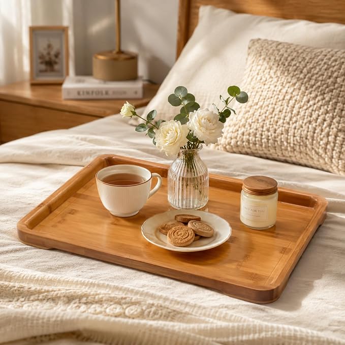 Bamber Large Bamboo Serving Tray Decorative Coffee Tea Platter 18 x 13 x 1.2 Inches - Image 6