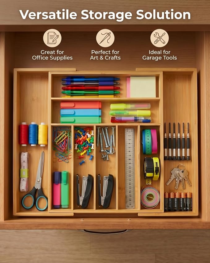 Expandable Bamboo Silverware Drawer Organizer – Adjustable 21" Wide Wooden Utensil Tray with 9-Compartments, Large Kitchen Flatware & Spoon Holder, Natural Solid Wood for Drawers - Image 4