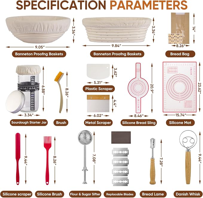 Sourdough Starter Kit, Round & Oval Banneton Bread Proofing Baskets | Sourdough baking kit with starter jar, dough whisk, scraper & bread sling. Sourdough bread baking supplies for home bakers. - Image 2