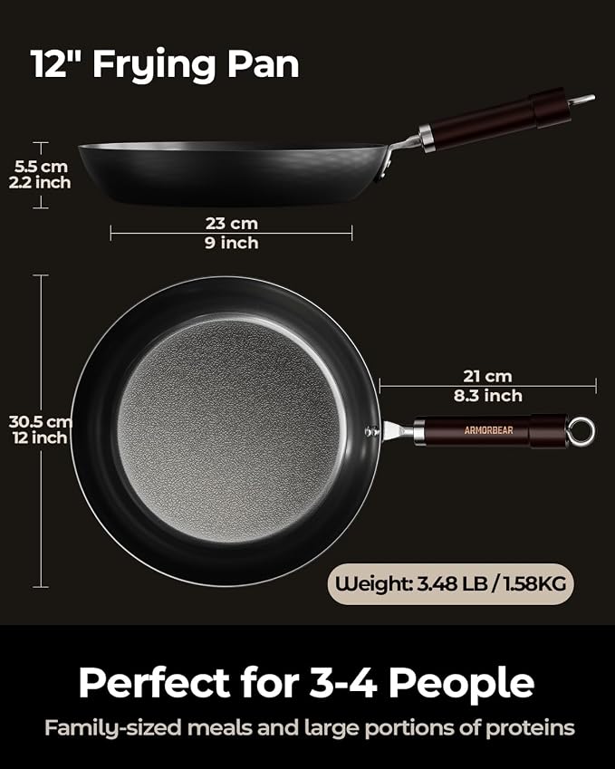 12 Inch Auto-Seasoning Large Carbon Steel Skillet, Pre-Seasoned Deep Nitrided Carbon Steel Pan for Family Size Meals and Professional Searing, Wooden Handle, PFAS & PFOA-Free - Image 2