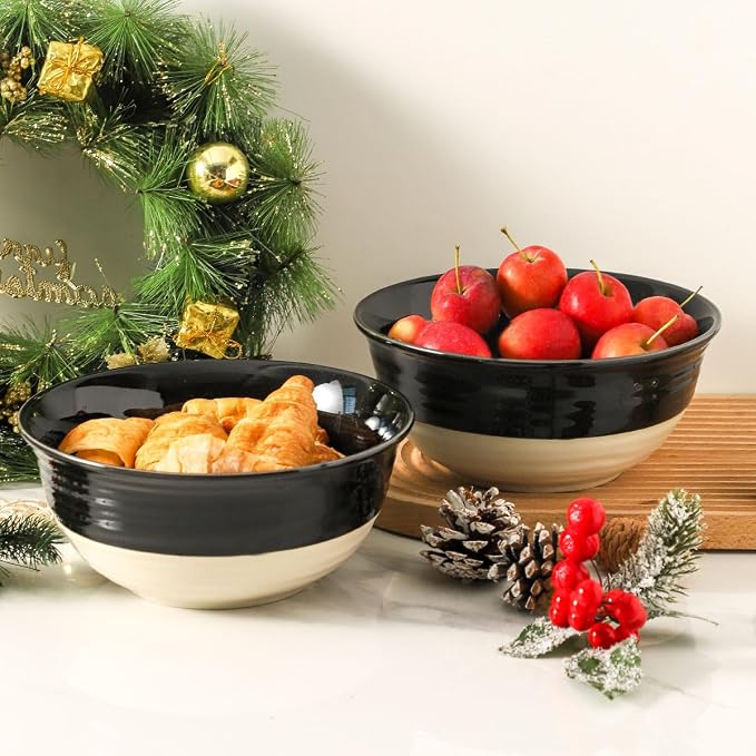 HASENSE Large Porcelain Serving Bowls Set of 2, 60 Oz 8.5 Inch Black & Beige Stoneware Mixing Bowls, Farmhouse Bowls for Salad, Soup & Pasta, Dishwasher & Microwave Safe - Image 6