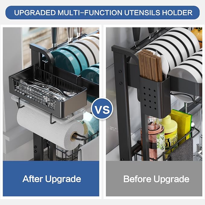LIVOD Over Sink Dish Drainer Drying Rack, 2 Tier Full Stainless Steel Storage Adjustable Length Kitchen Rack, Multifunctional Expandable Counter Organizer, Space Saver Dish Rack - Image 7