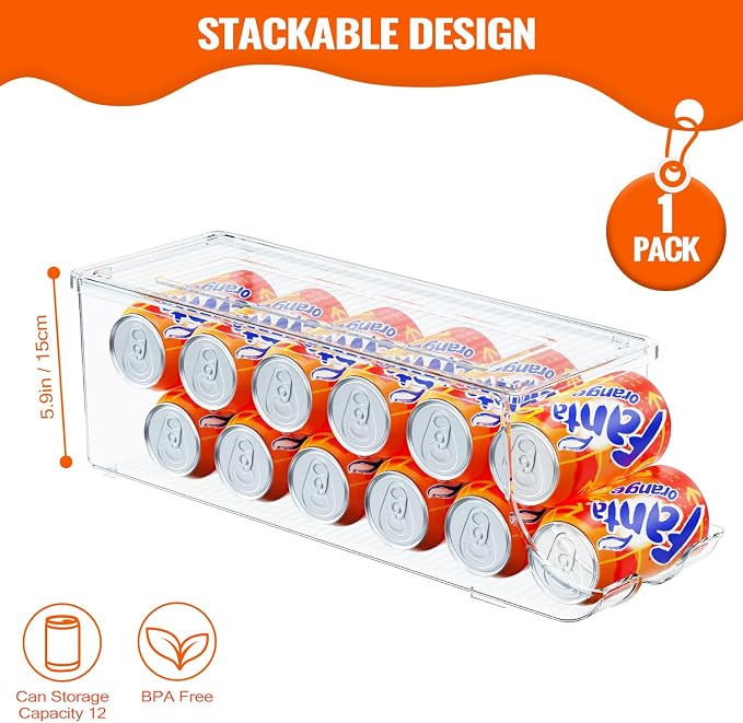 SCAVATA Soda Can Organizer for Refrigerator, Stackable Canned Food Pop Cans Container Can Holder Dispenser with Lid for Fridge Rack Freezer, Clear Storage Bins-Holds 12 Cans Each (One) - Image 2