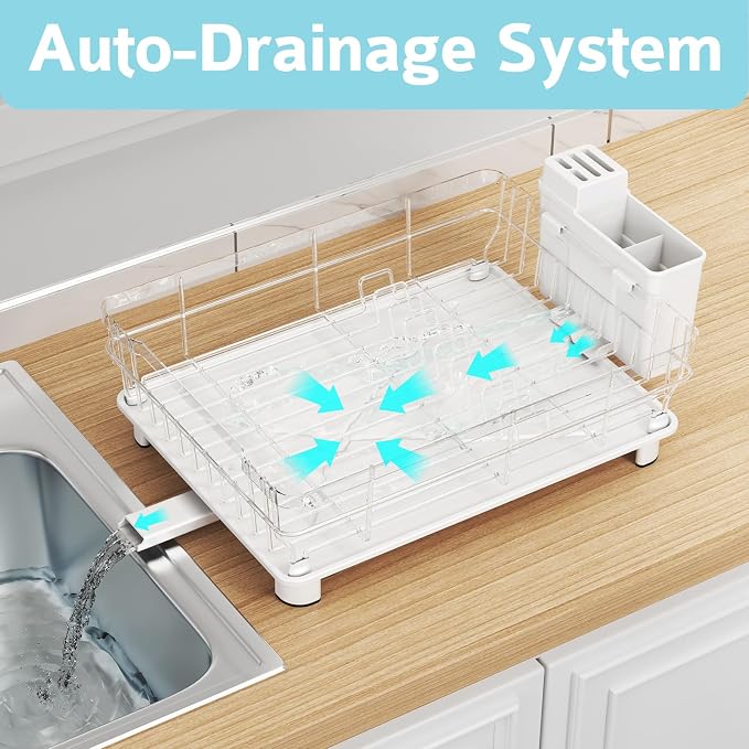 Dish Drying Rack - Space Saving Dish Rack - Dish Racks for Kitchen Counter with Drainboard,Rustproof Dish Drainer with Removable Utensil Holder,White - Image 2