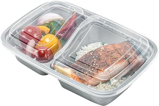 Restaurantware-Asporto 26 Ounce Compartment Take Out Boxes, 100 Microwavable Meal Prep Containers - 2 Compartments, With Clear Plastic Lids, Silver Plastic Food Containers, Do Not Contain BPA by Restaurantware