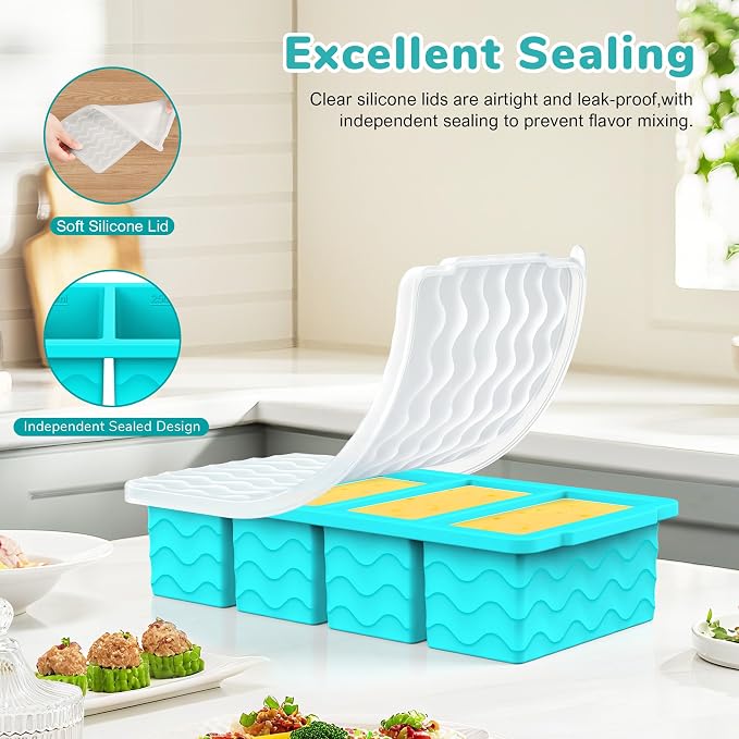 Silicone Freezer Trays with Lid (4-Pack), 1-Cup, 2-Cup, 1/2-Cup & 2-Tbsp Silicone Freezer Molds, Stackable Soup Freezer Meal Prep Containers,Ice Cube Tray for Making Sauce,Smoothies,Yogurt Bites - Image 7