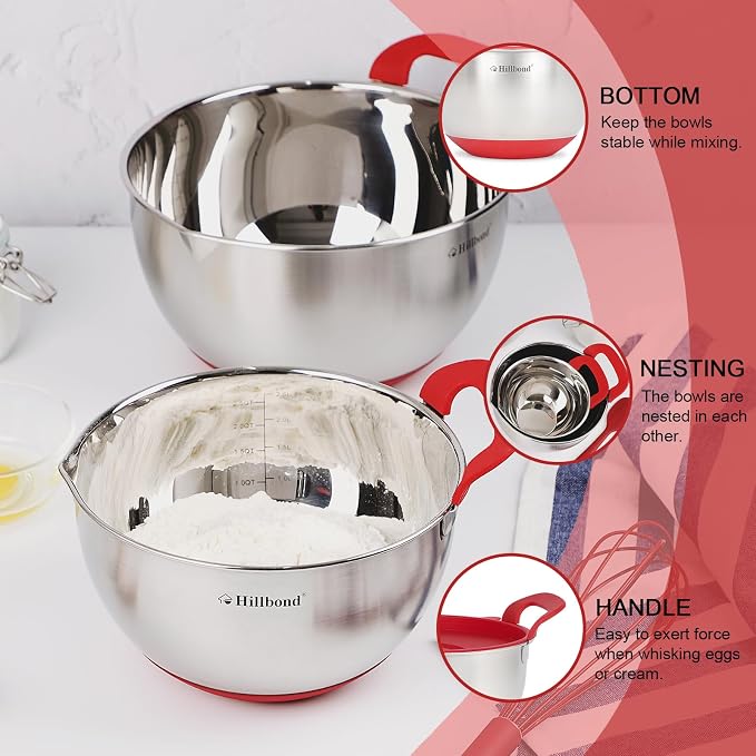 Hillbond Stainless Steel Mixing Bowls with Lids Set, Set of 3, Red | mixing bowl with Pour Spout, Silicone Handle, Non-Slip Bottoms, Dishwasher Safe, Metal Mixing Bowls for baking - Image 2