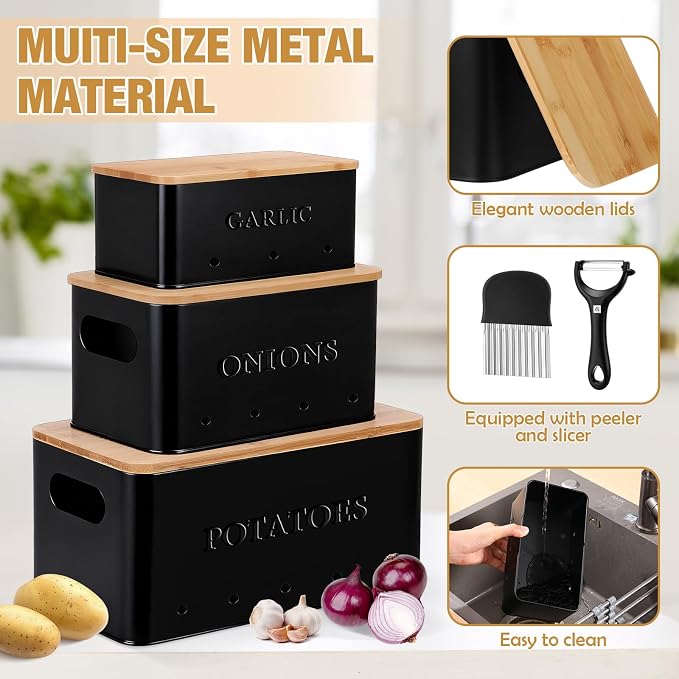 Honeydak 3 PCS Black Potato Onion Garlic Storage Bins Set, Metal Vegetable Keeper Containers with Lids Aerating Holes for Kitchen Counter Pantry Keep Fresh Longer Farmhouse for Sweet-potato Fruit - Image 3