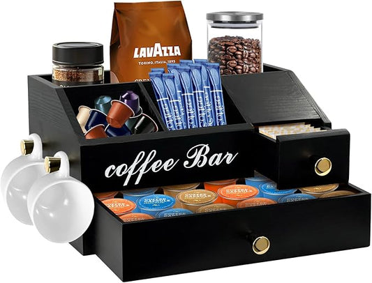 Coffee Station Organizer - Farmhouse Wood Kcup Holder for Counter, Countertop Snack Organizer with Hanging Handles, Suitable for Snacks, Coffee Capsules, Syrups and Various Accessories(Black) by ThickAndThin