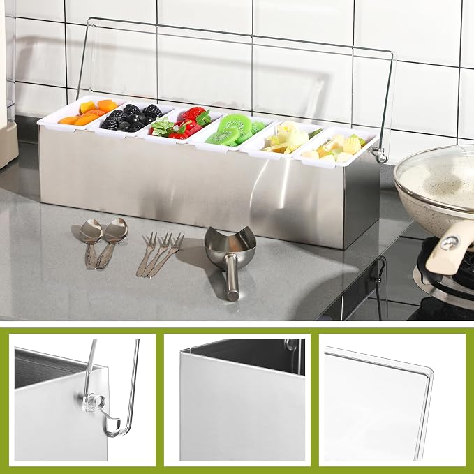 Tessco for you Garnish Tray with Lid Bar Caddy Ice Cooled Condiment Serving Container with Ice Scoop Metal Mini Serving Tongs Fruit Fork Spoons for Food Home Party Kitchen(Stainless Steel,6 Grids) - Image 4