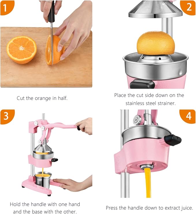 TONGCHANT Cast Iron Manual Juicer for Orange Lemon Lime Pomegranate &Citrus | Heavy Duty Orange Juicer Squeezer, Hand Press Juicer, Citrus Press, Stainless Steel Cup, Easy to Clean, Pink - Image 6