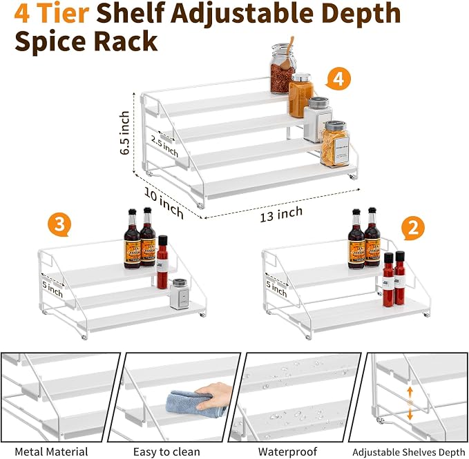 BOIVSHI Tiered Spice Rack, Spice Shelf Organizer for Cabinet, Metal White | 4 Tier Spice Rack for Countertop, Depth Adjustable Spice Organizer, No-screw Assembly, Space-saving for Cabinet, 1 Pack - Image 4