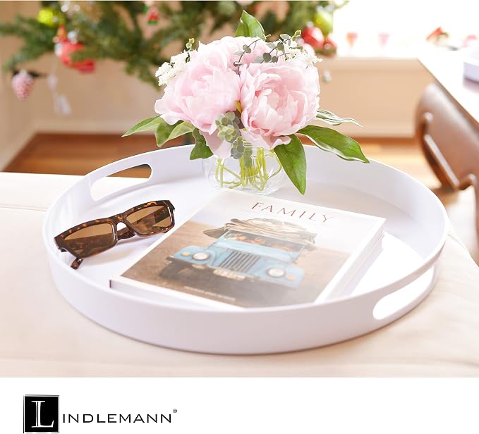 White Serving Tray Large Melamine Platter Round Breakfast Trays with Handles for Coffee Table Ottoman Living Room Home Décor Holiday Celebration & Party (17") - Image 4