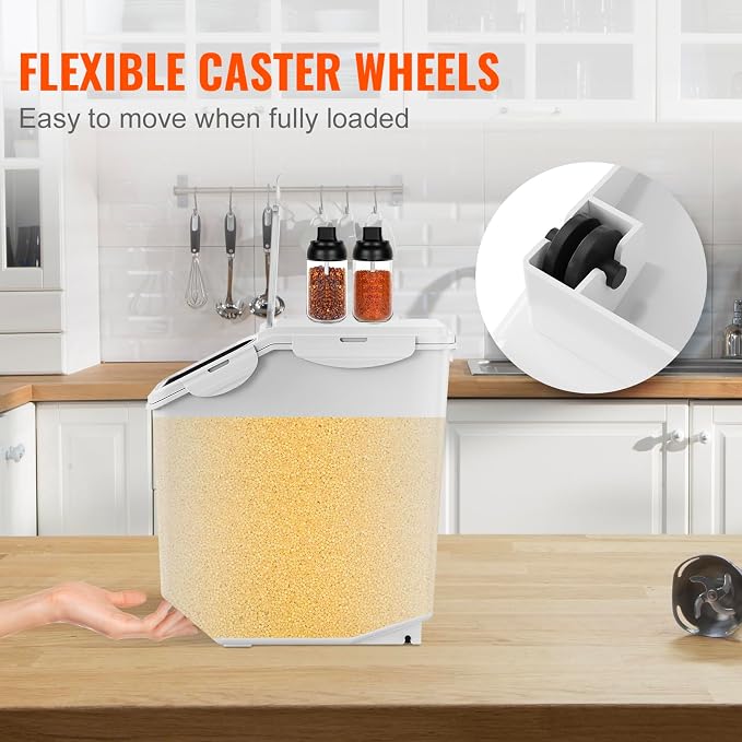 VEVOR Ingredient Storage Bin, 2 x 15L Dispenser Bin with 2 Measuring Cups, Attachable Casters and Airtight Lid, 2 Pcs/Set Dog Pet Food Storage Container, PP Material Kitchen Rice Cereal Flour Bin - Image 5