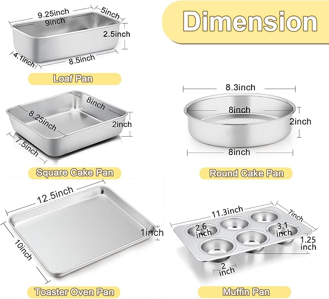 TeamFar Stainless Steel Bakeware Set of 5 | Toaster Oven Baking Roasting Pans, Square/Round Cake Pan, Loaf Pan & Muffin Pan, Healthy & Heavy Duty, Dishwasher Safe - Image 2