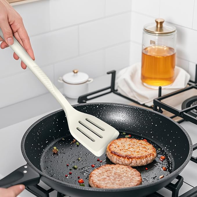 Silicone Cooking Utensils Set - 600°F Heat Resistant, Nonstick Kitchen Utensil Set with Spatulas, Spoons, Whisk, Tongs, BPA Free, Dishwasher Safe, Cream White - Image 4