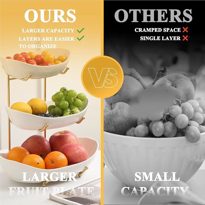 Large Size 3 Tier Ceramic Fruit Bowl,（13.4, 11 and 9.1 inch Plate）More Storage Space, Golden Metal Stand for Kitchen Counter,Porcelain Fruit Basket for Countertop, Snack, Nuts, Cake, Dessert - White - Image 6