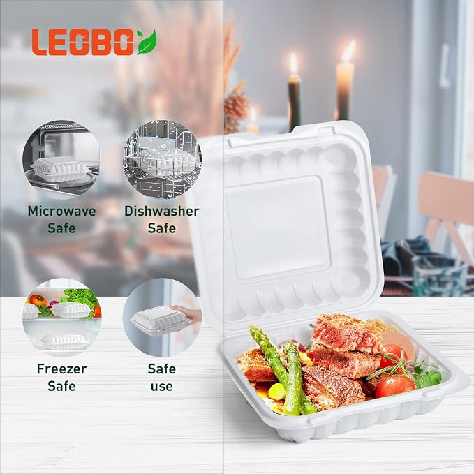 8 Inch 34oz 55-Pack White Food Containers - Shrink Wrap No Pre-Wash | BPA Free Sturdy Reusable | Microwave, Freezer & Dishwasher Safe for Leftovers, Meal Prep, Takeout & Catering Disposable Box - Image 4