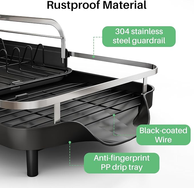 SAYZH Expandable Dish Drying Rack for Small Kitchen Counter, Black | Stainless Steel, Protective Guardrail, Angled Drainboard, Fits High-Rim Sinks, Removable Utensil Holder - Image 6