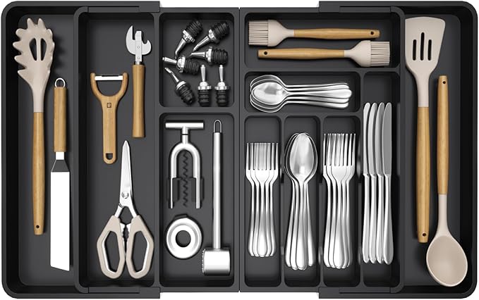 Lifewit Utensil Organizer for Kitchen Drawer, Expandable Cooking Tray | Adjustable Cutlery Flatware Holder, Plastic Silverware Spatula Tools Storage Divider, 21.3- 36 x 16.9", Black by Lifewit