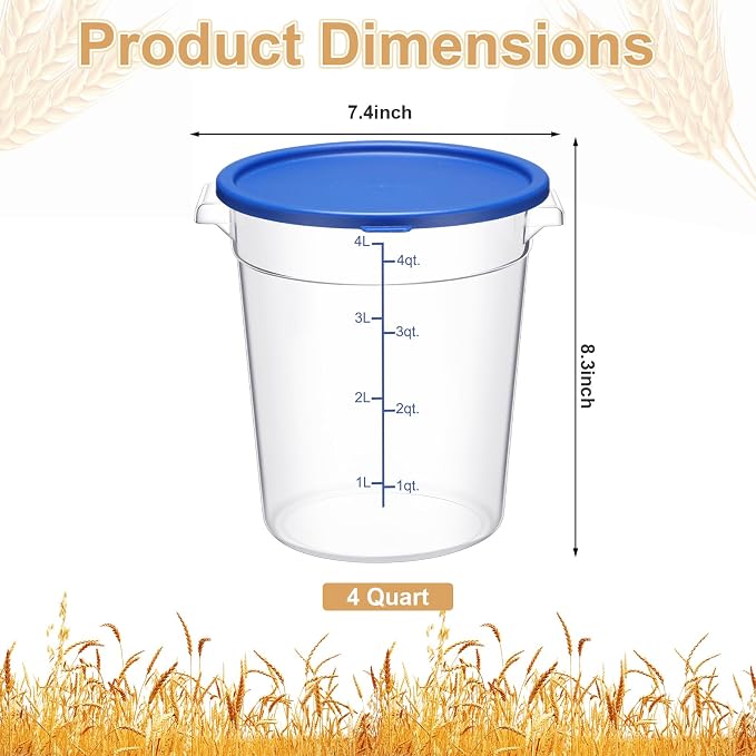 4 Pcs 4 Qt Food Storage Container Bucket with Lids Clear Proofing Containers for Dough Rise Bread with Scale Handle Round Flour Commercial Storage Bucket for Home Restaurant Food - Image 2