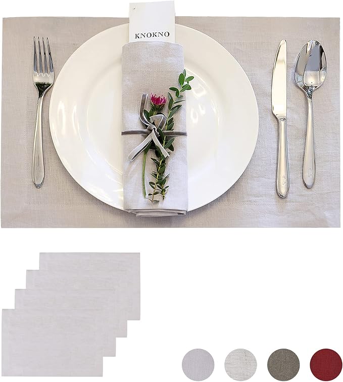 KNOKNO Home Pure Hemp Placemats 18 x 12 Inch Set of 4 Handcrafted with Mitered Corners Natural Fabric,Machine Washable Table Mats for Dining Tables (Silver Gray, Placemats | Set of 4) by KNOKNO