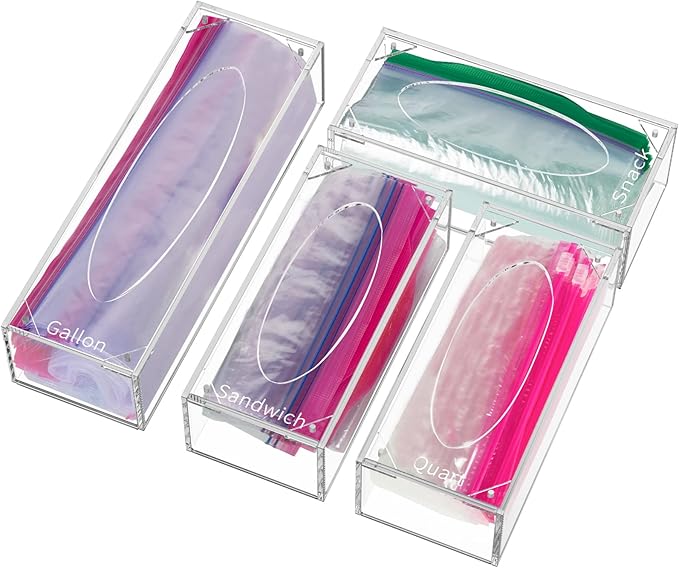FEMELI Food Bag Storage Organizer Acrylic Kitchen Drawer Baggie Box Clear | 4 Separate Pack Compatible with Gallon, Slider Quart, Freezer, Sandwich, Snack, Variety Size Bags by FEMELI