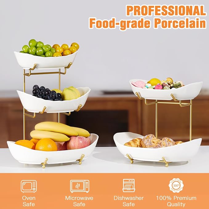 Ceramic Fruit Bowl for Kitchen Counter - 3 Tier Fruit Basket with Metal Stand, Tiered Fruit Stand for Countertop, Snack, Nuts, Cake, Dessert, Cute (Gold, Large) U3 - Image 2