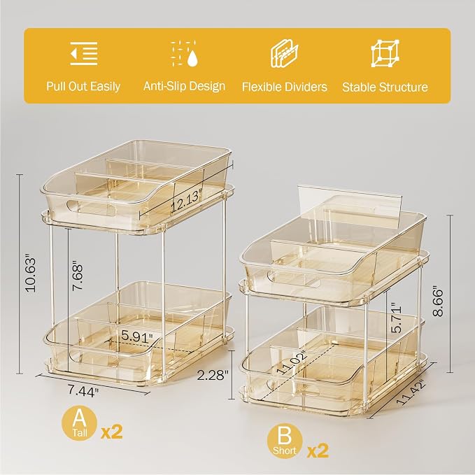 Delamu 2-Tier Under Sink Organizers and Storage, Multi-Purpose Stackable Bathroom Cabinet organizers, Pull Out Kitchen Pantry Organization and Storage with Dividers(4 Pack, Amber) - Image 5