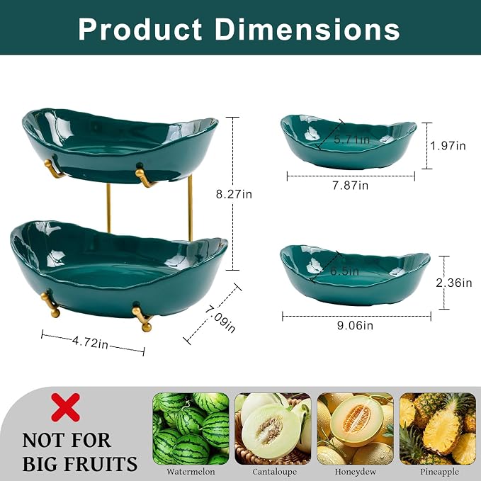 2 Tier Ceramic Fruit Bowl with Gold Metal Stand | Tiered Fruit Basket for Snacks, Nuts, Cake, Dessert (Dark Green) - Image 2