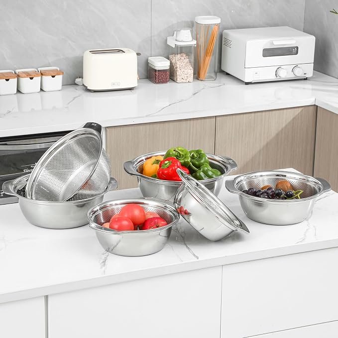 Paoli 304 Stainless Steel Fine Mesh Colander Set, 2QT Large Capacity Strainer with Mixing Bowl — Rinse Fruits, Veggies, Rice & Drain Pasta, Dishwasher Safe (2-Piece Gold) - Image 5