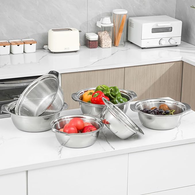 Paoli 304 Stainless Steel Fine Mesh Colander Set, 3.5QT Large Capacity Strainer with Mixing Bowl — Rinse Fruits, Veggies, Rice & Drain Pasta, Dishwasher Safe (2-Piece Gold) - Image 5