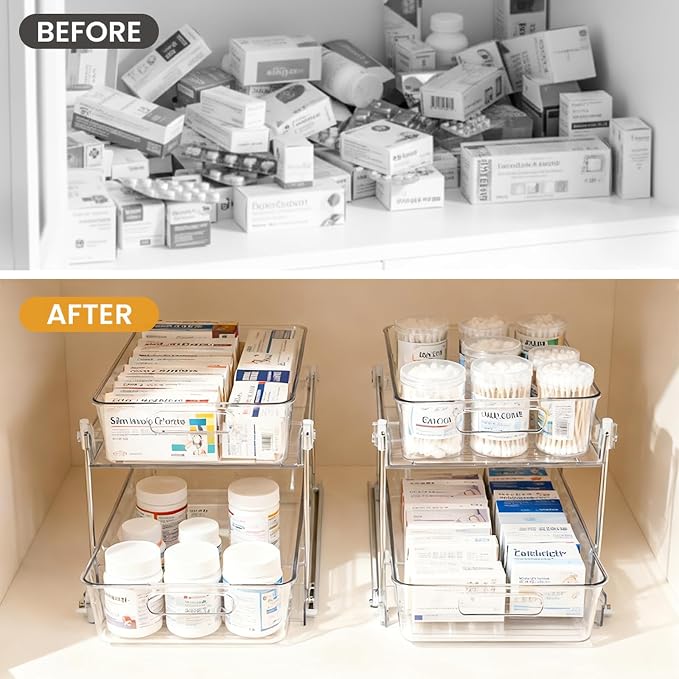 4 Pack Bathroom Organizers and Storage, 2-Tier Clear Under Sink Organizer, Vanity Counter Storage, Medicine Cabinet Organization, Pull-Out Cabinet Organizer With Track For Bathroom, Kitchen, Pantry - Image 7