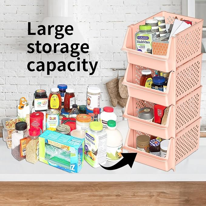 Skywin Stackable Storage Bins Open Front for Pantry Storage, 4 Pack - Cream | Sturdy Plastic, Easy Stacking, Open Front Access, Ventilated Sides, Vertical & Space Saving Pantry Organizers and Storage Bin - Image 3