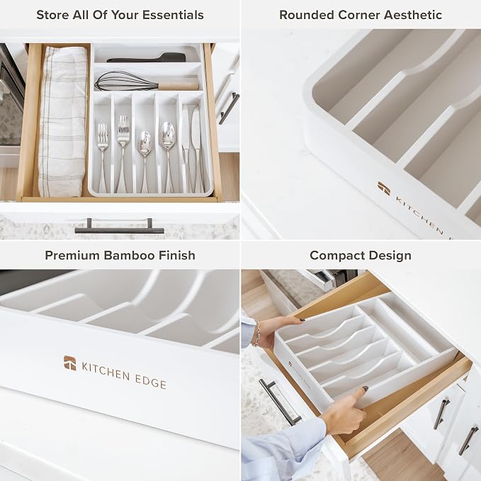 Silverware & Utensil Organizer, Fixed 10.5 in, White | Cutlery, flatware holder, rounded corners, 7 compartments, non-slip feet, kitchen drawers - Image 3
