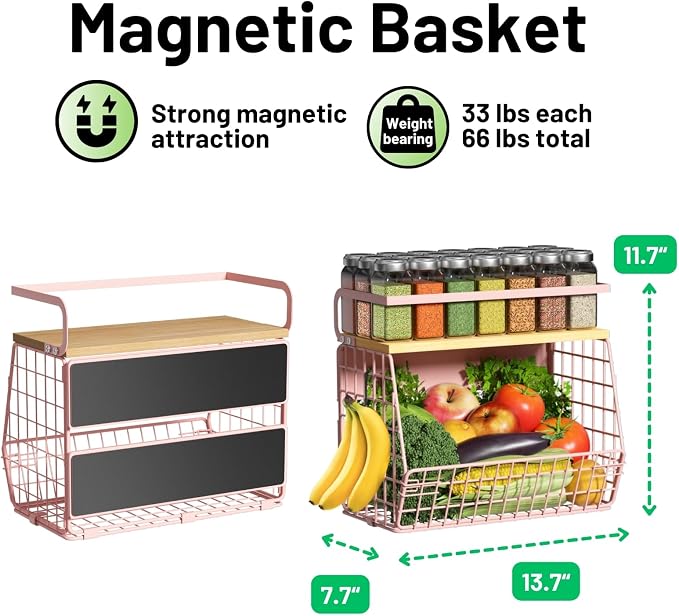 Magnetic Shelf for Fridge with Wood Lid, Fruit Potato and Onion Storage Bins, Pantry Organizers & Storage, Large Container Magnetic Spice Rack for Refrigerator, Kitchen Counter, Cabinet (Pink, 2) - Image 5