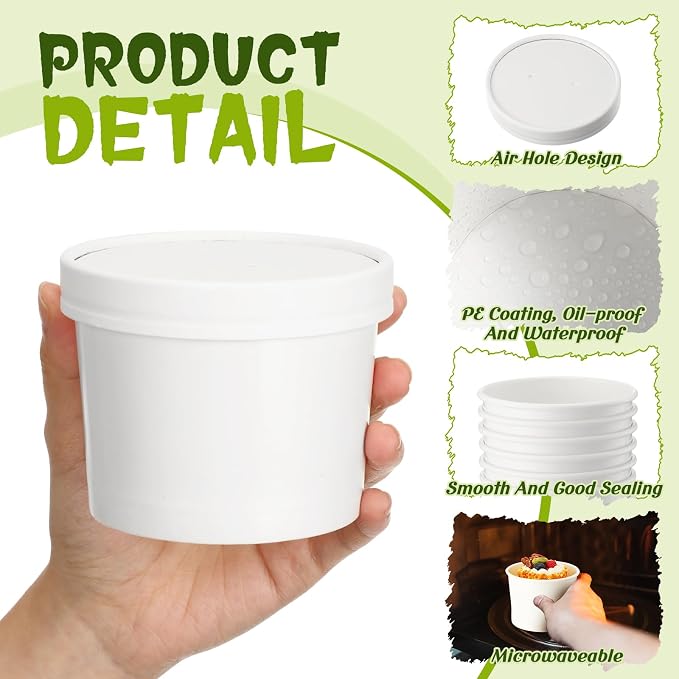 Fulmoon 100 Pack Paper Soup Containers with Lids Disposable Paper Food Containers with Vented Lid Kraft Ice Cream Cake Dessert Cups Soup Bowl for Party Hot Food Fruit Microwave(12 oz,White) - Image 3