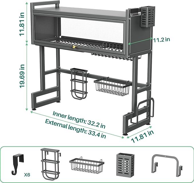 Over the Sink Dish Drying Rack 3 Tier with Dustproof Flip-Up Cover | Large Dish Drainer Storage Counter Organizer,Space-Saving Dish Rack for Dishes and Cutlery,Fits Sinks up to 32 Inches(Gray) - Image 4