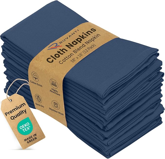 Ruvanti Cloth Napkins Set of 12, 18x18 Inches Napkins Cloth Washable, Soft, Durable, Absorbent, Cotton Blend. Table Dinner Napkins Cloth for Hotel, Lunch, Restaurant, Weddings, Parties -Ocean Blue by Ruvanti