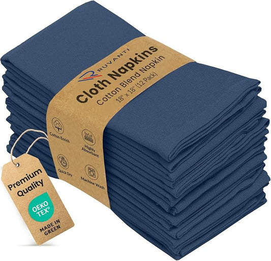 Ruvanti Cloth Napkins Set of 12, 18x18 Inches Napkins Cloth Washable, Soft, Durable, Absorbent, Cotton Blend. Table Dinner Napkins Cloth for Hotel, Lunch, Restaurant, Weddings, Parties -Ocean Blue by Ruvanti