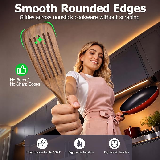 Wooden Spoons for Cooking, 2-Piece Teak Wood Kitchen Utensil Set, Nonstick Safe Wooden Spatulas, Smooth Heat-Friendly Cooking Utensils for Everyday Meals (A02) - Image 3