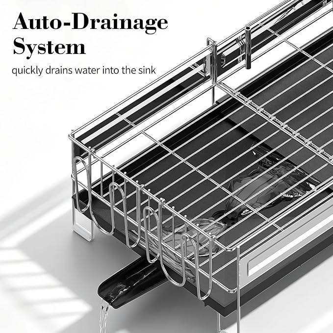 Delamu 2 Tier Dish Drying Rack, Large Dish Racks for Kitchen Counter, Stainless Steel Multifunctional Dish Drainer with Cutlery & Cup Holders, Extendable from 13.4 to 28.7 in, Black - Image 7