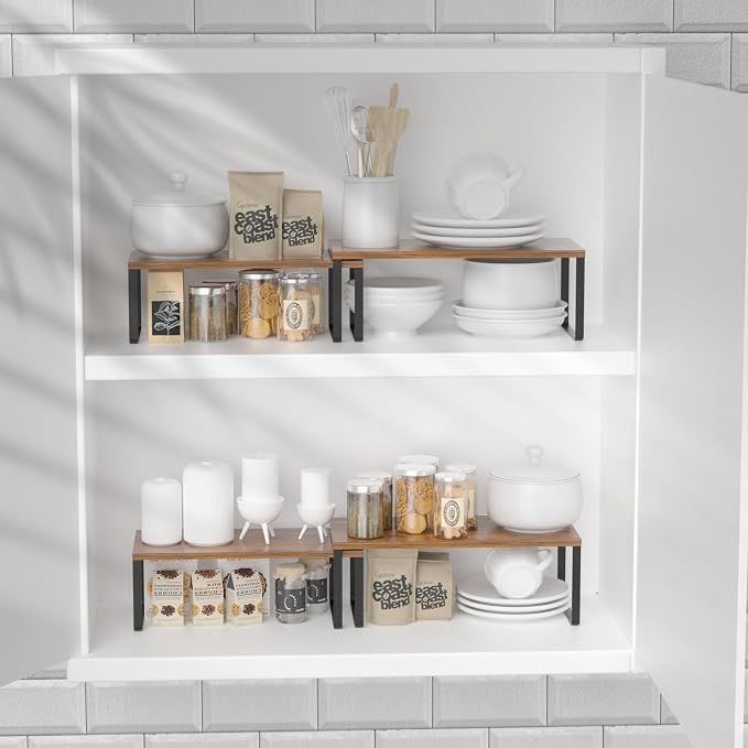 NEX Cabinet Organizer Shelf, Kitchen Counter Shelves Set of 4 | Stackable & Expandable Spice Rack, Space-Saving Pantry Organizers Bathroom Countertop Storage, Black and Rustic Brown - Image 2