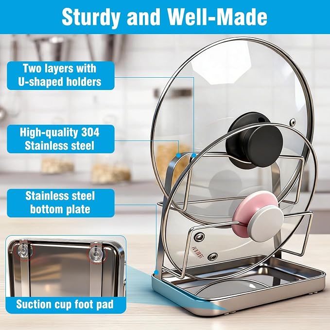304 Stainless Steel Pot Lid Holder ＆ Spoon Rest While Cooking, Kitchen Storage Rack, Stove Top Organizer for Pan Lids, Multifunctional Cover Stand with Removable Drip Tray - Image 3