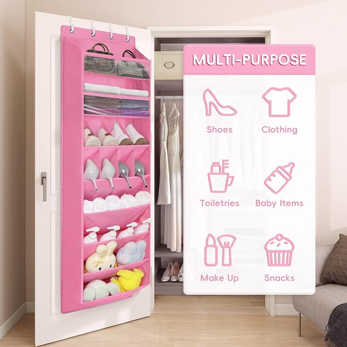 FENTEC 1 Pack 8 Shelves Over The Door Shoe Organizer,68" Exlarge Deep Pockets Hanging Shoe Organizers, Shoe Rack for Closet, Shoe Holder for Boots,Over Door Organizer in Home, RV, Dorm, Pink - Image 6