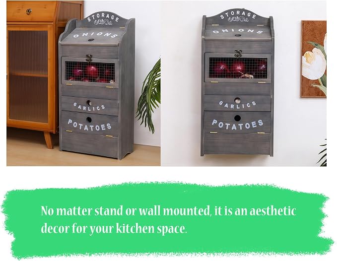 ARTAWEIN Potato Storage Bin Wall-mountable Potato Box with Lid Rustic and Garlic Drawer Onion Organizer with Grocery Section Decorative Vegetable Organization Cabinet for Kitchen - Image 7