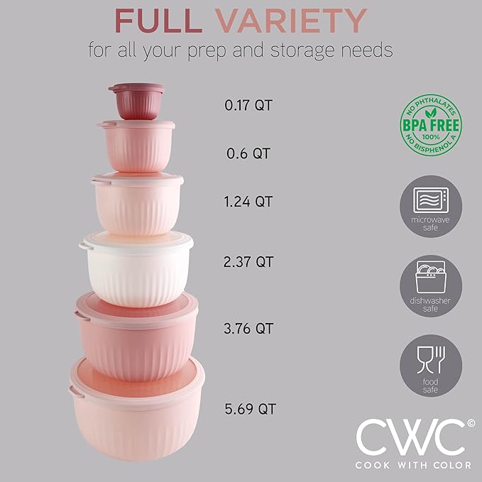 COOK WITH COLOR Prep Bowls with Lids- Wide and Deep Nesting Plastic Small Mixing Bowl Set with Lids, 12 Piece Set - Deep Bowls, Pink - Image 2