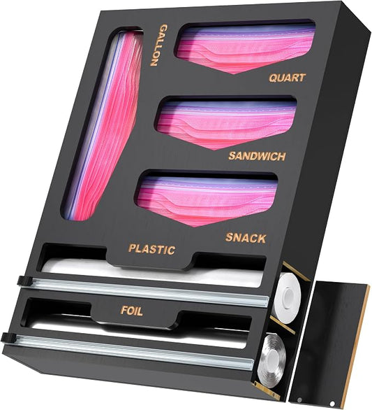6 in 1 Bag Organizer and Wrap Dispenser with Magnetic Lid - Plastic Wrap Dispenser with Cutter for Kitchen Drawer, Storage for Gallon, Quart, Sandwich, Snack Bags, and Foil Black by LUYABA